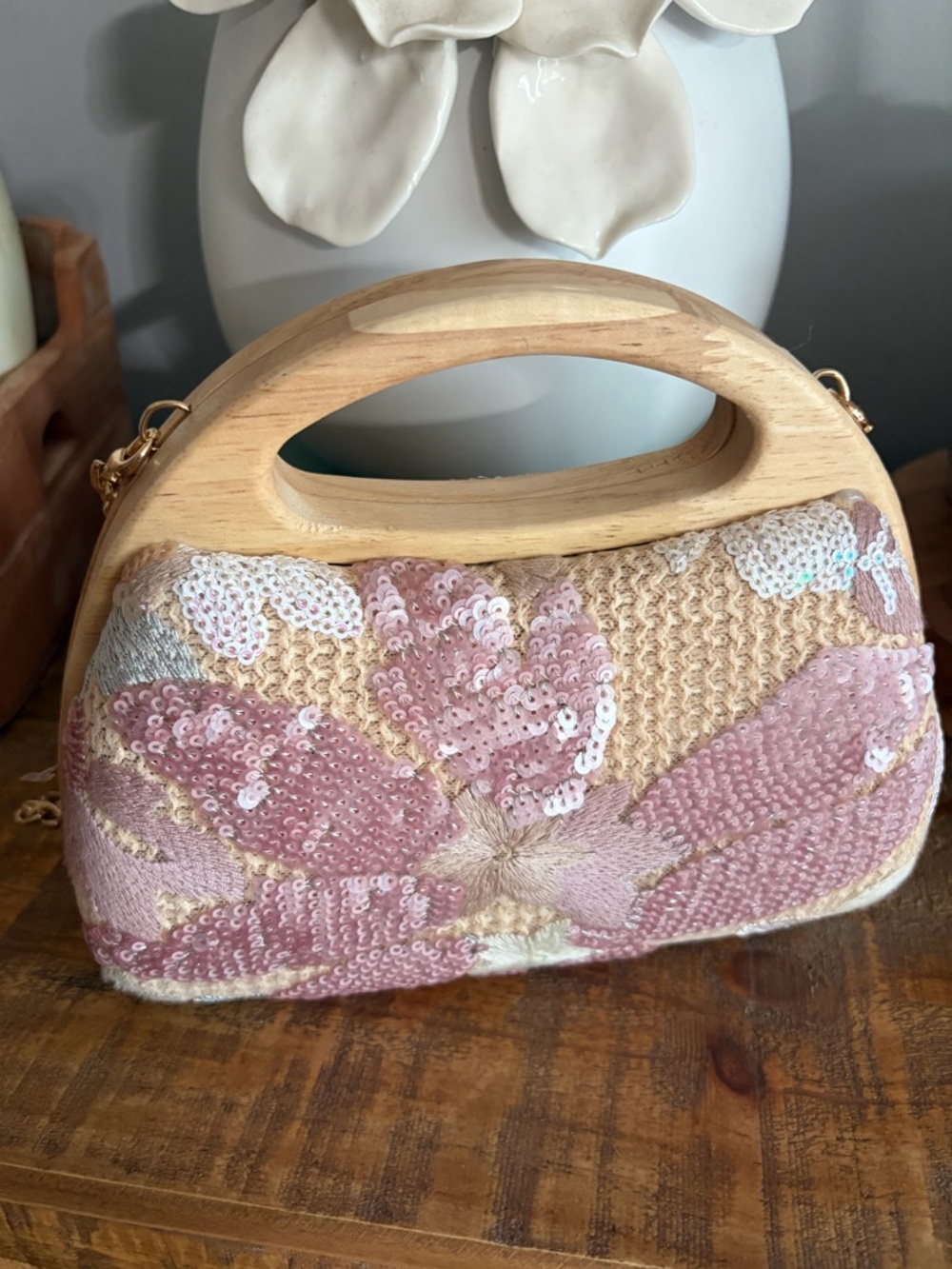 Haute Hippie Floral Sequin Wood Handle Clutch Purse with Chain Strap - Picture 2 of 8